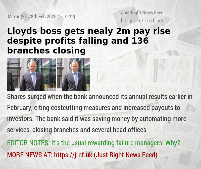 Lloyds boss gets nealy 2m pay rise despite profits falling and 136 branches closing