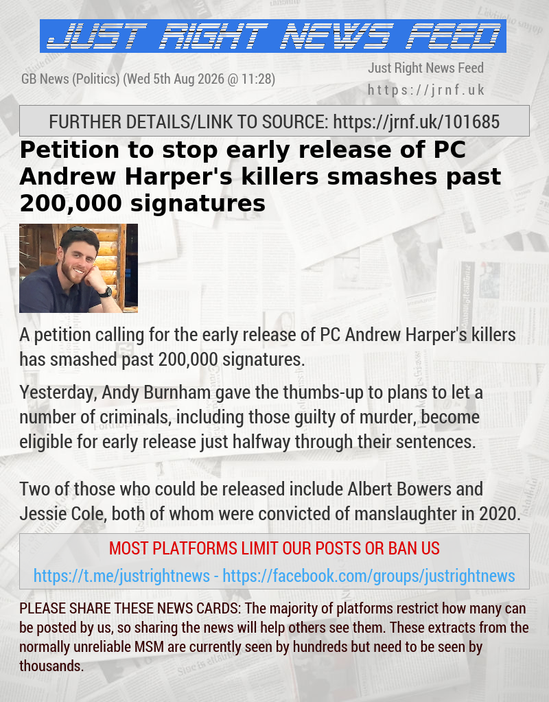 Petition to stop early release of PC Andrew Harper’s killers smashes past 200,000 signatures