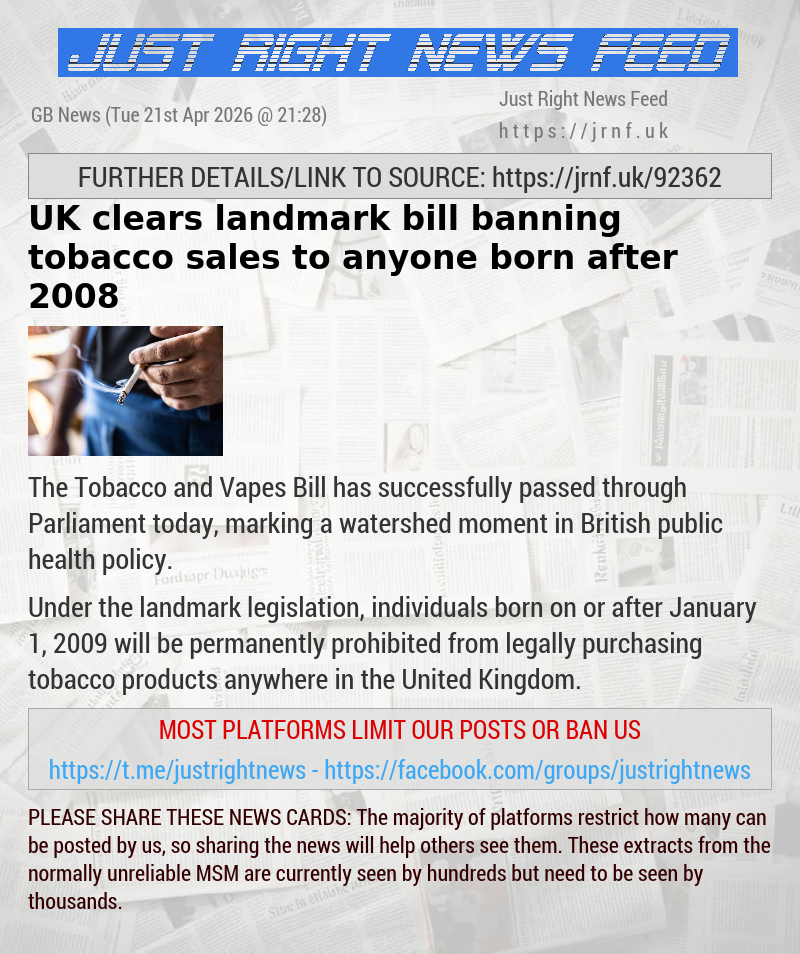UK clears landmark bill banning tobacco sales to anyone born after 2008