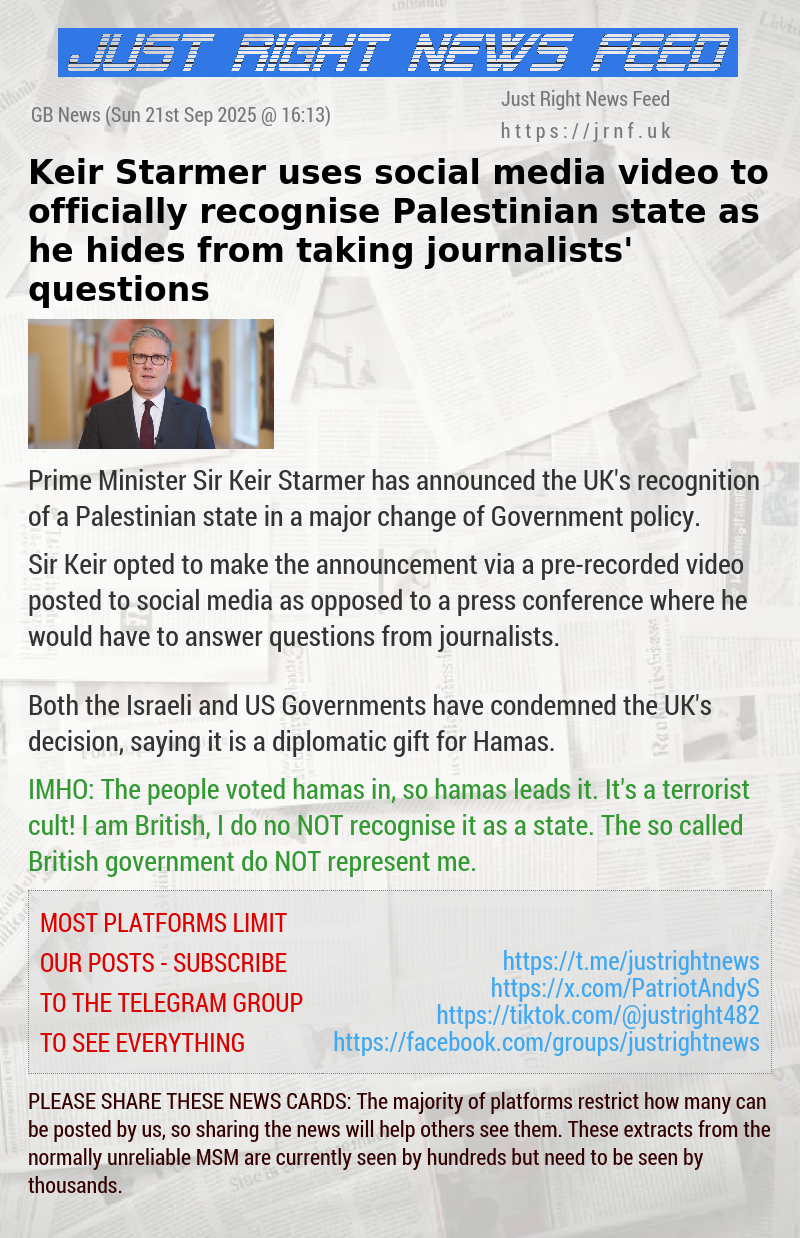 Keir Starmer uses social media video to officially recognise Palestinian state as he hides from taking journalists’ questions