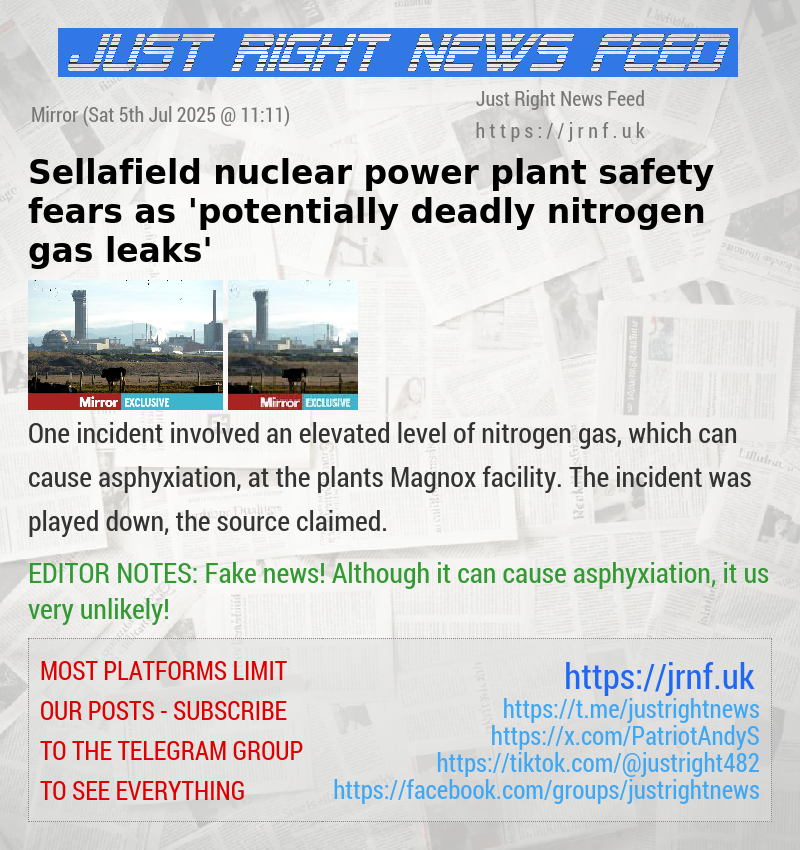 Sellafield nuclear power plant safety fears as ’potentially deadly nitrogen gas leaks’
