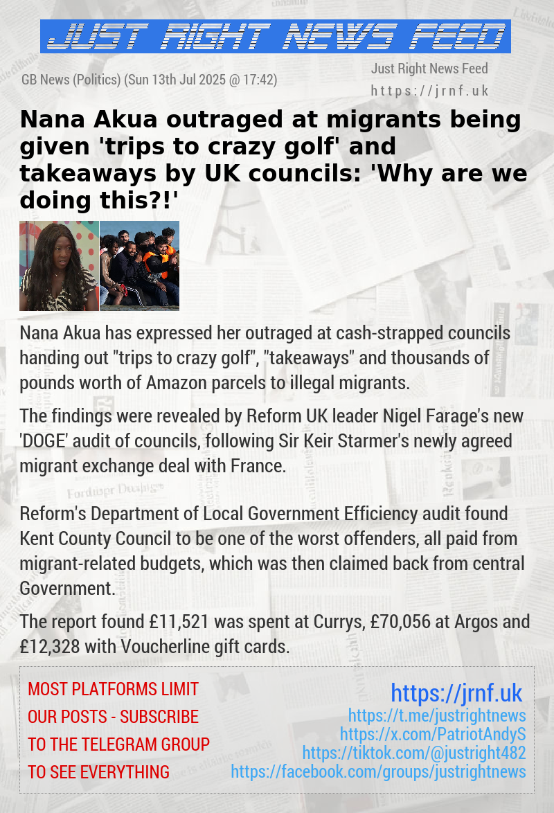 Nana Akua outraged at migrants being given ’trips to crazy golf’ and takeaways by UK councils: ’Why are we doing this?!’