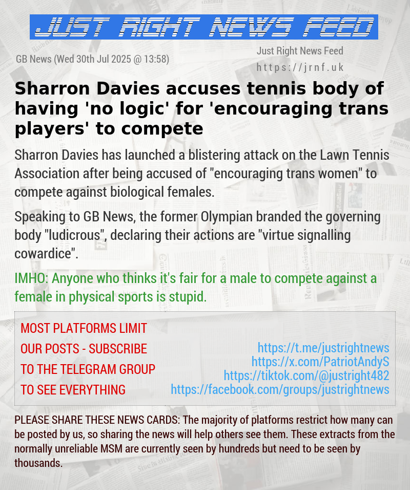 Sharron Davies accuses tennis body of having ’no logic’ for ’encouraging trans players’ to compete