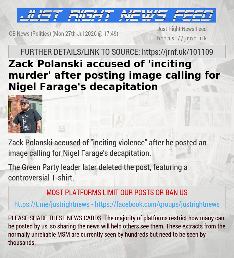 Zack Polanski accused of ’inciting murder’ after posting image calling for Nigel Farage’s decapitation