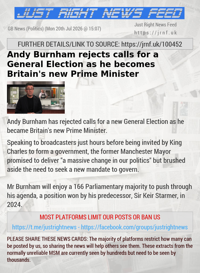 Andy Burnham rejects calls for a General Election as he becomes Britain’s new Prime Minister