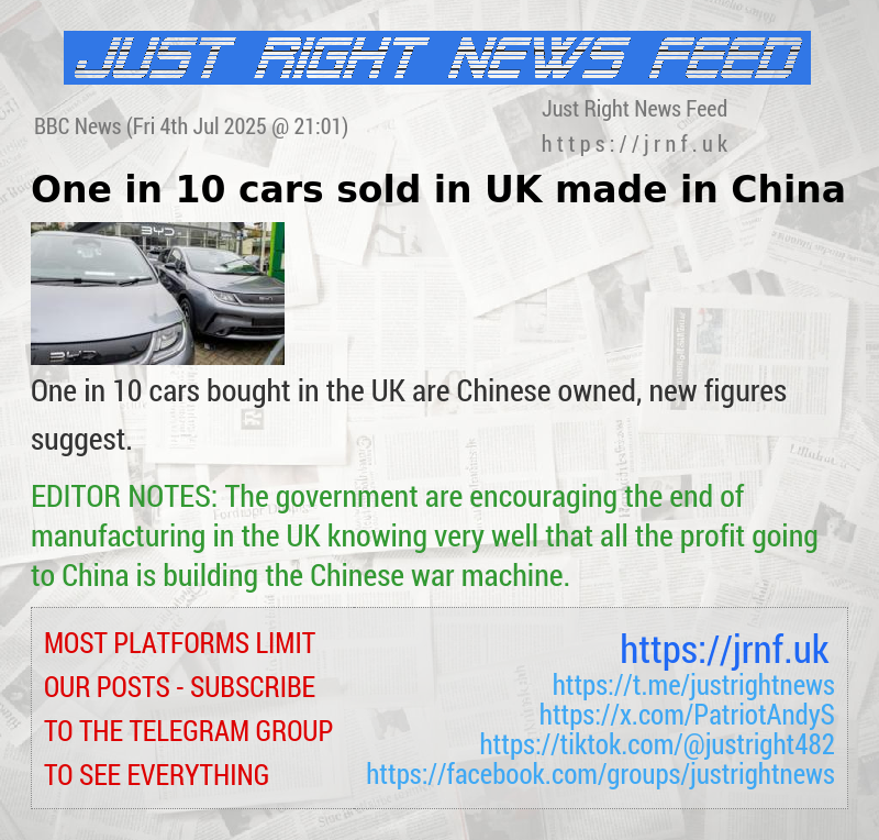 One in 10 cars sold in UK made in China