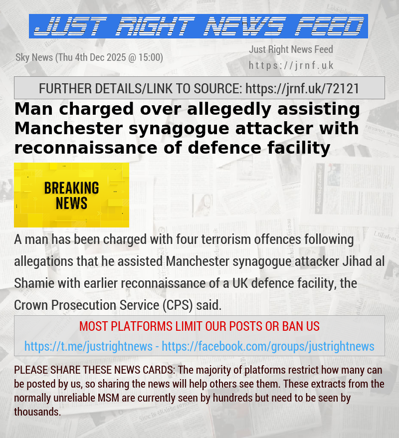 Man charged over allegedly assisting Manchester synagogue attacker with reconnaissance of defence facility