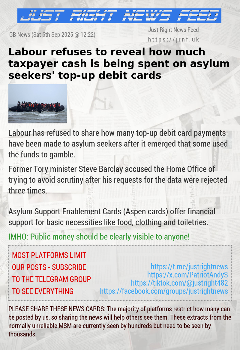 Labour refuses to reveal how much taxpayer cash is being spent on asylum seekers’ top—up debit cards