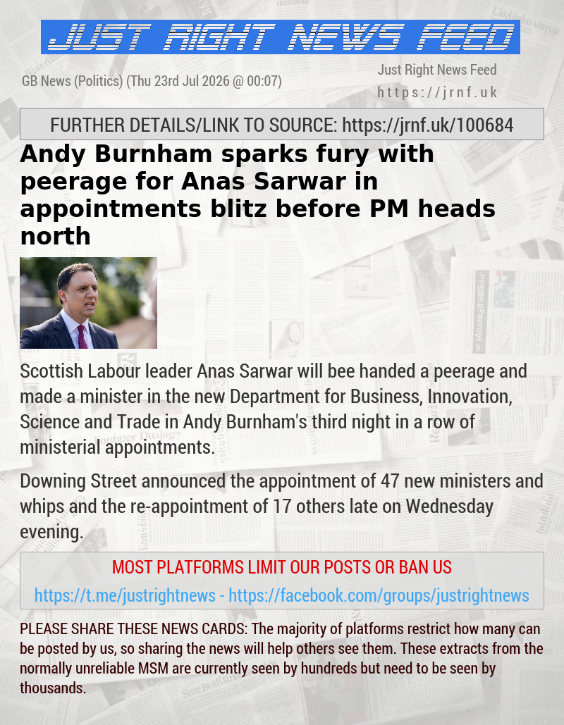 Andy Burnham sparks fury with peerage for Anas Sarwar in appointments blitz before PM heads north
