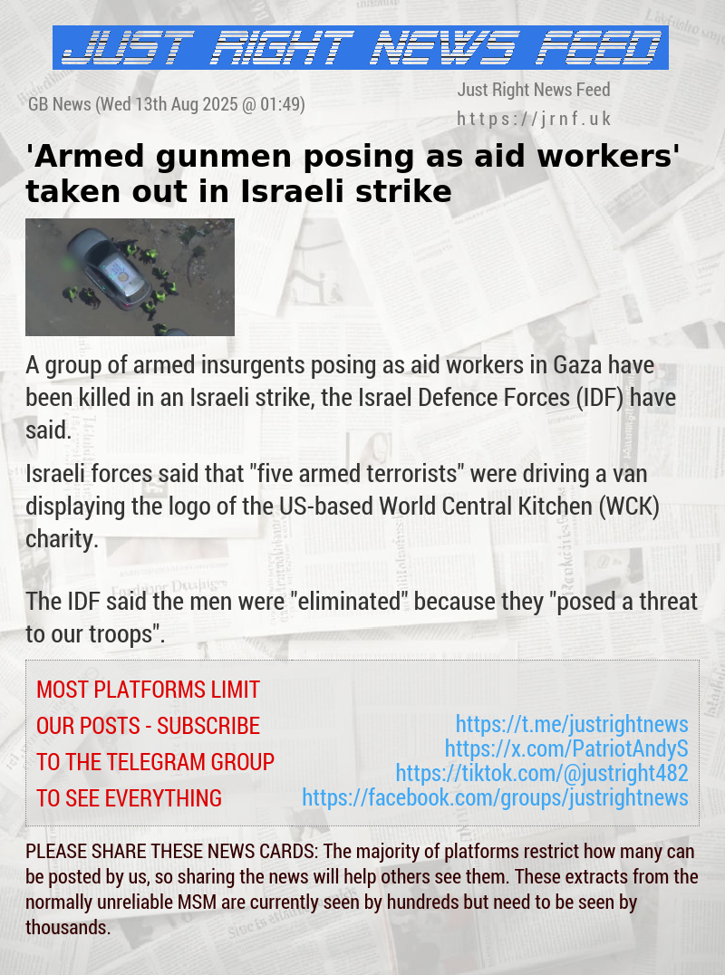 ’Armed gunmen posing as aid workers’ taken out in Israeli strike