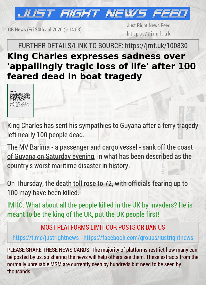 King Charles expresses sadness over ’appallingly tragic loss of life’ after 100 feared dead in boat tragedy