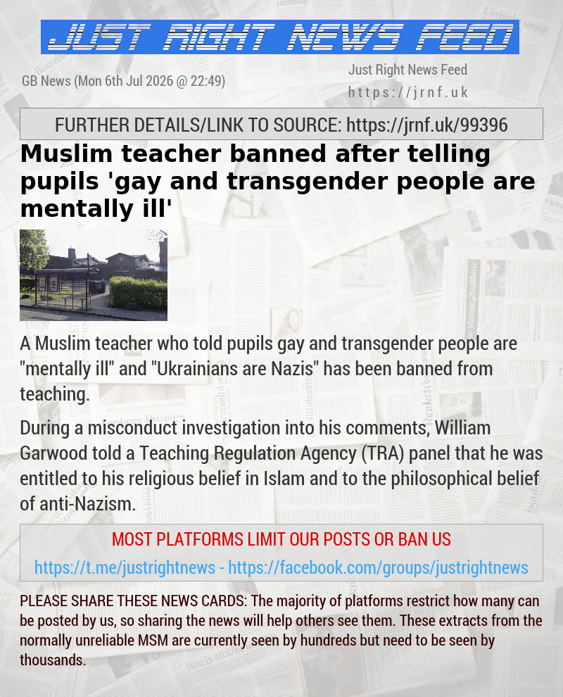 Muslim teacher banned after telling pupils ’gay and transgender people are mentally ill’