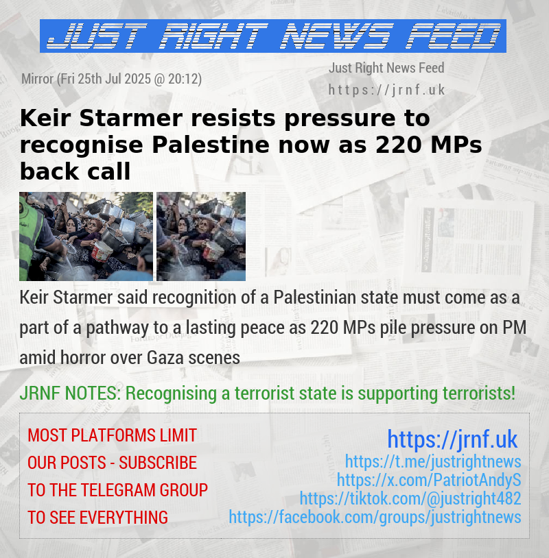 Keir Starmer resists pressure to recognise Palestine now as 220 MPs back call 