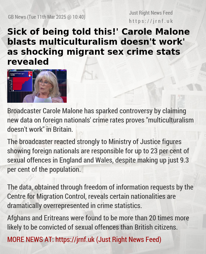 ‘Sick of being told this!’ Carole Malone blasts ‘multiculturalism doesn’t work’ as shocking migrant sex crime stats revealed