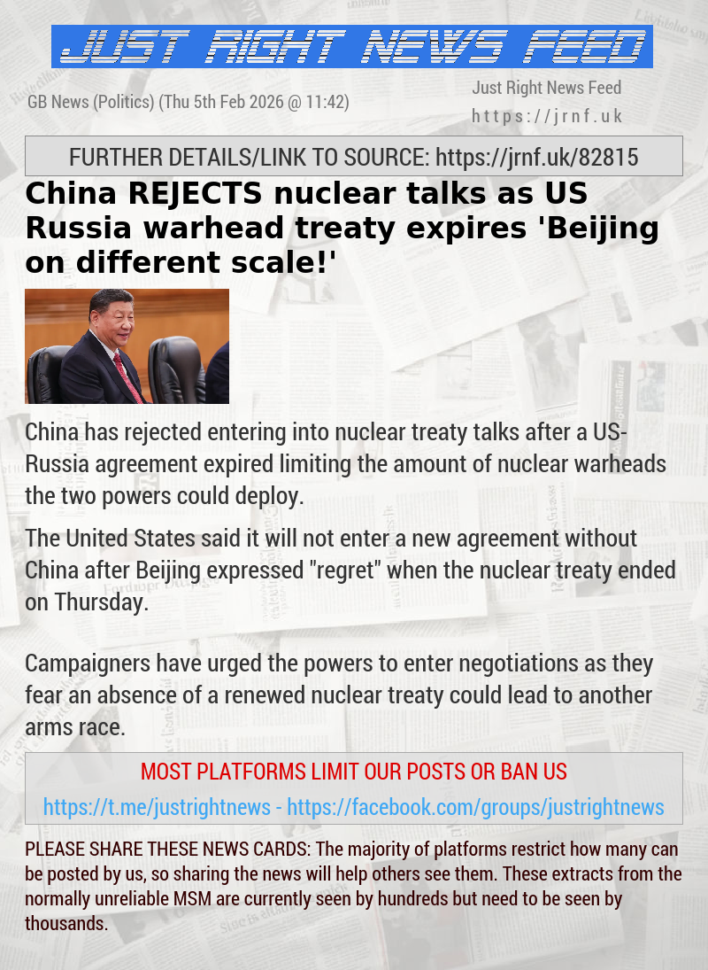 China REJECTS nuclear talks as US—Russia warhead treaty expires — ’Beijing on different scale!’