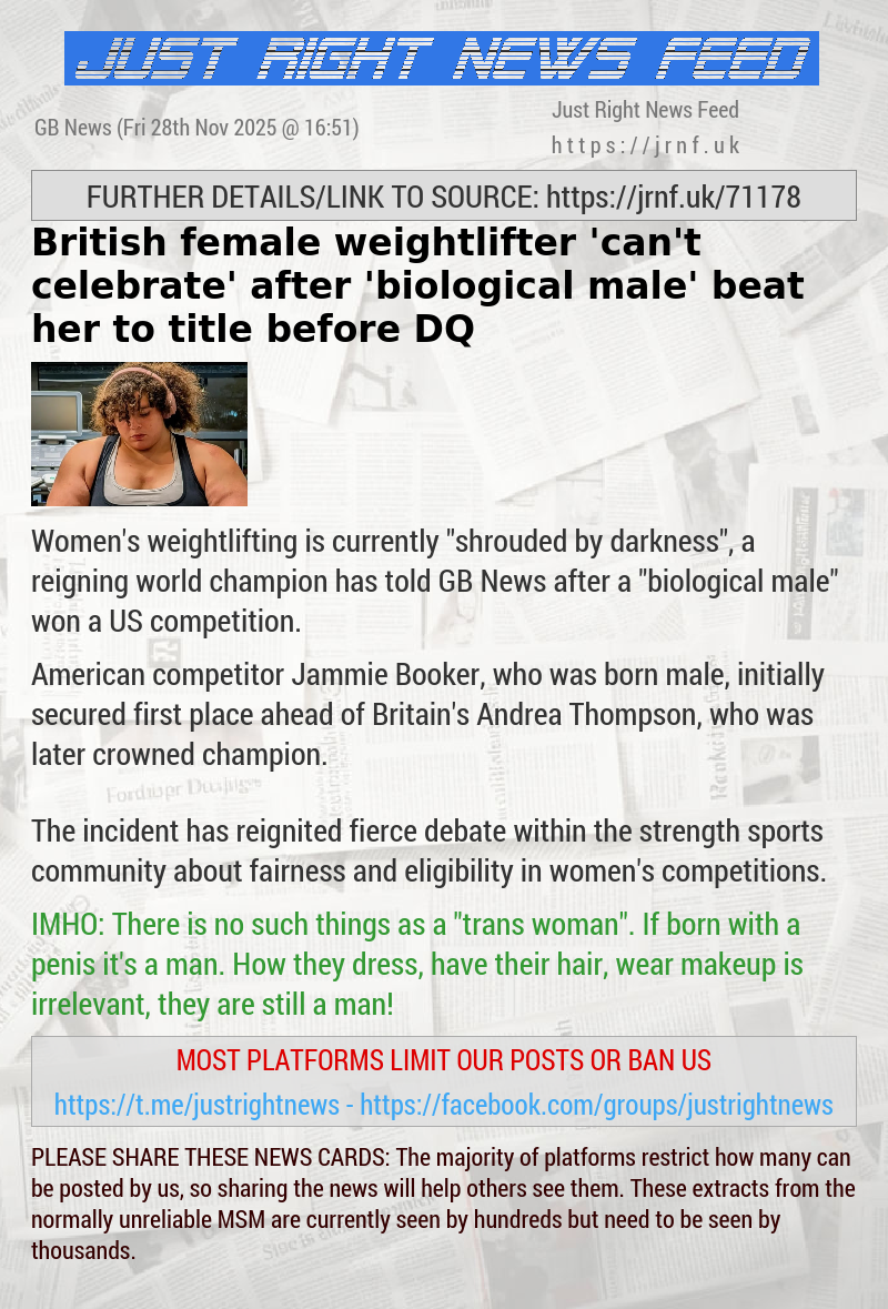British female weightlifter ’can’t celebrate’ after ’biological male’ beat her to title before DQ