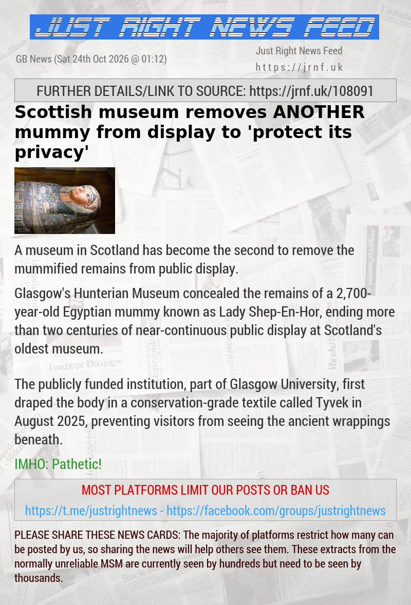 Scottish museum removes ANOTHER mummy from display to ‘protect its privacy’