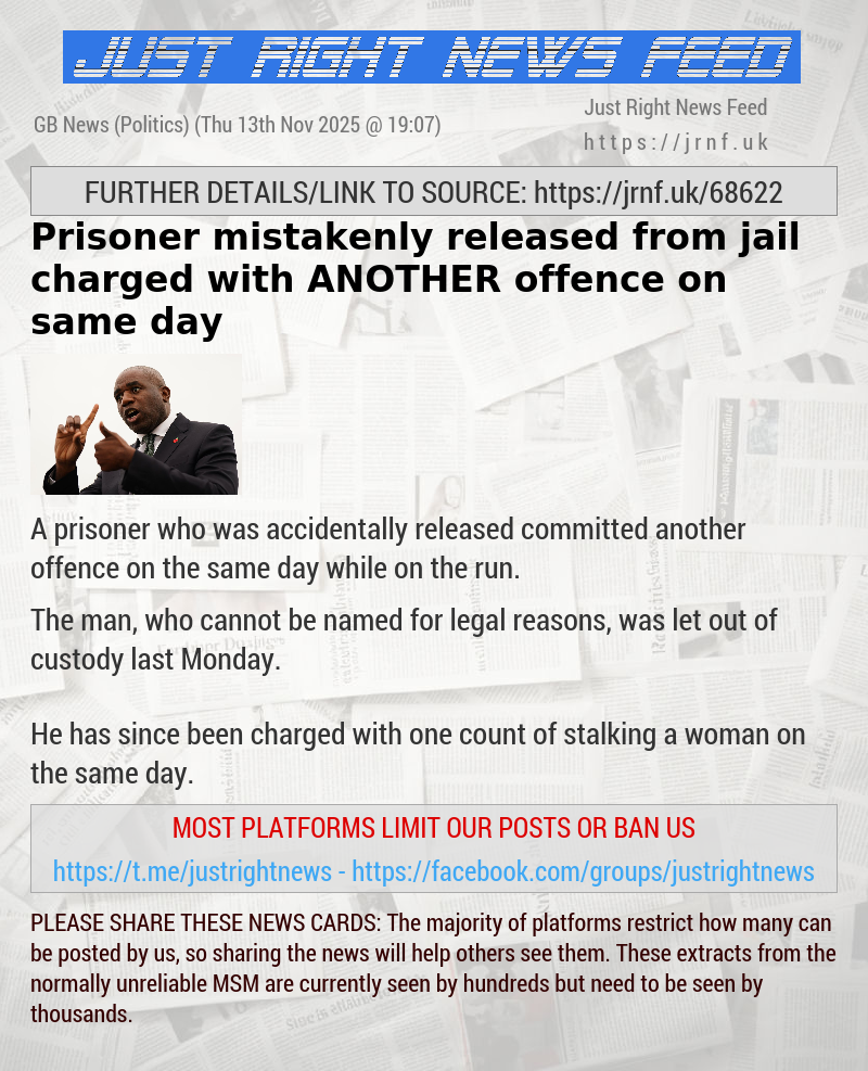 Prisoner mistakenly released from jail charged with ANOTHER offence on same day