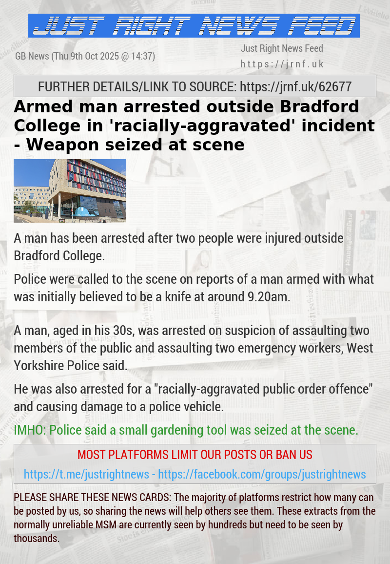 Armed man arrested outside Bradford College in ’racially—aggravated’ incident — Weapon seized at scene