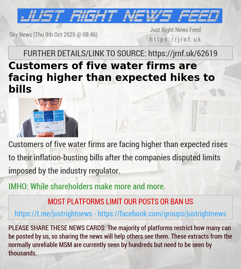 Customers of five water firms are facing higher than expected hikes to bills