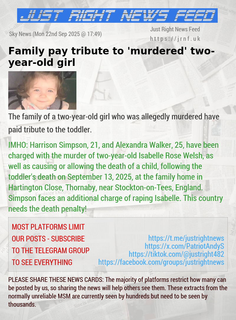 Family pay tribute to ’murdered’ two—year—old girl