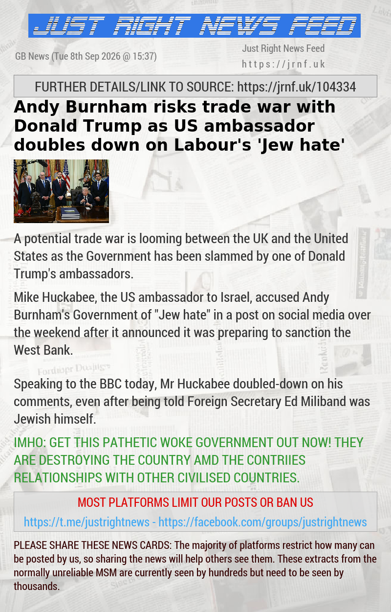 Andy Burnham risks trade war with Donald Trump as US ambassador doubles down on Labour’s ’Jew hate’