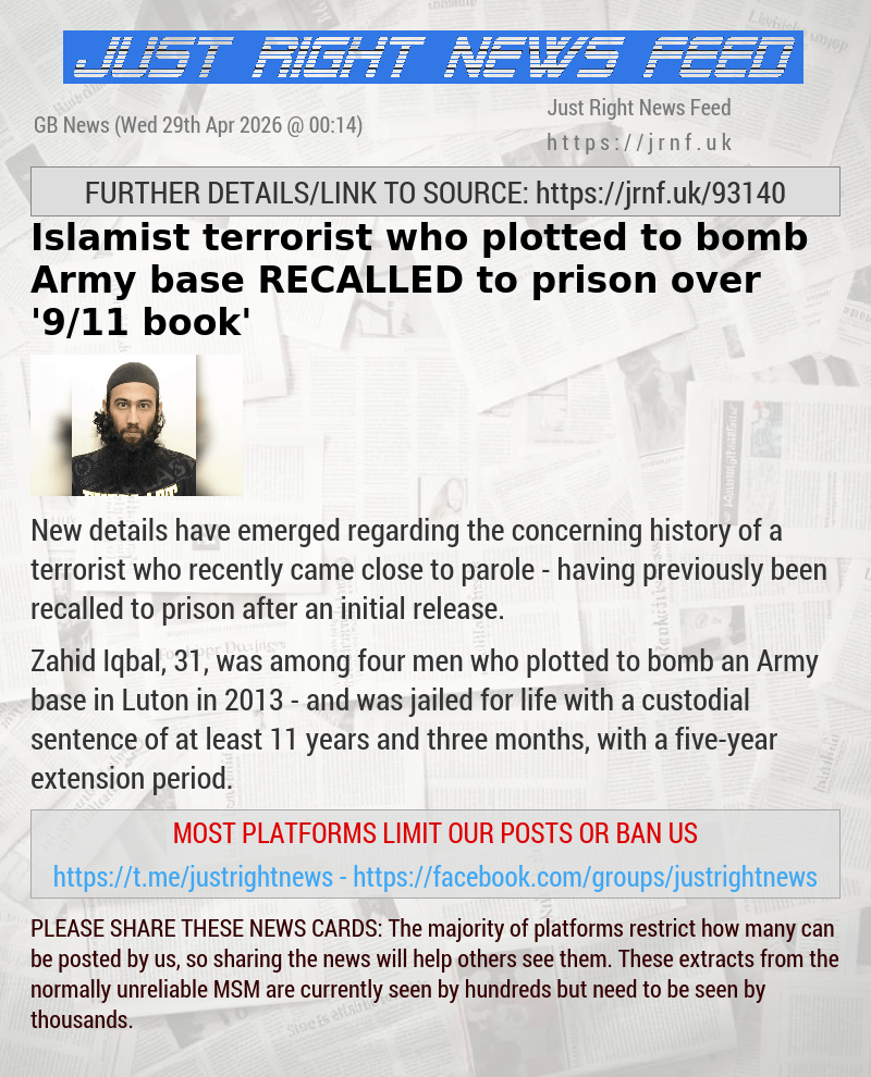 Islamist terrorist who plotted to bomb Army base RECALLED to prison over ’9/11 book’