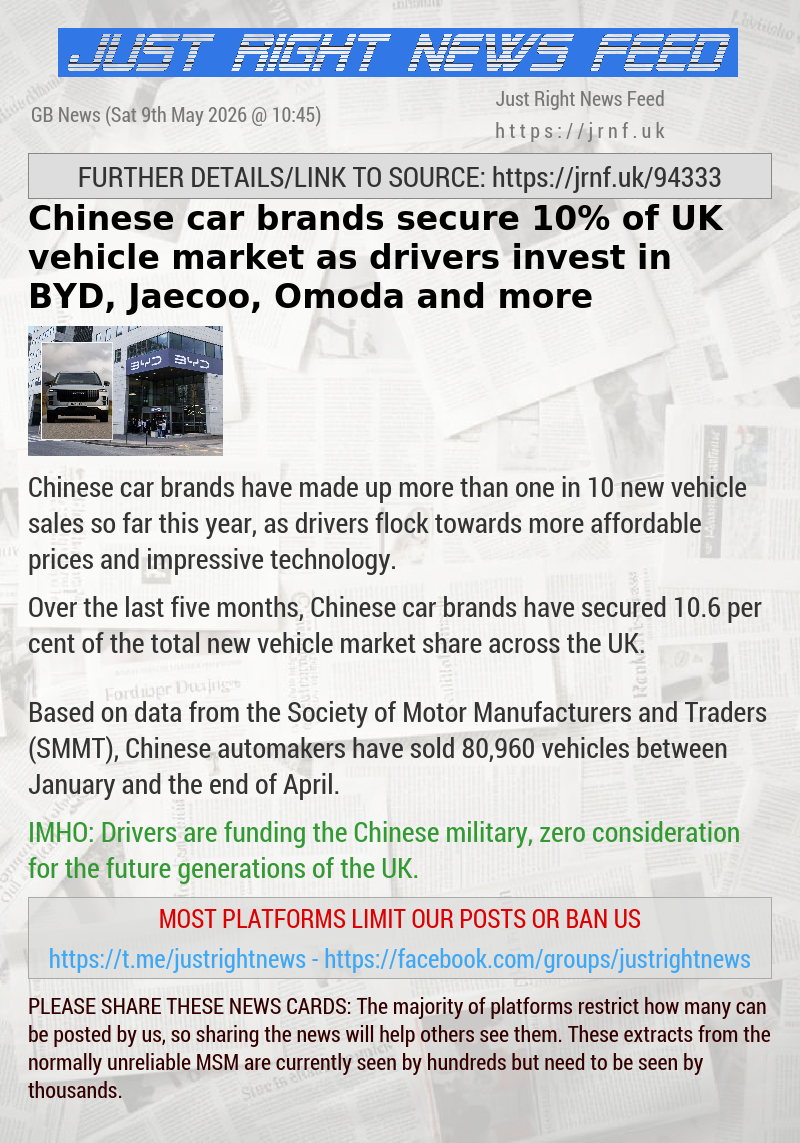Chinese car brands secure 10% of UK vehicle market as drivers invest in BYD, Jaecoo, Omoda and more
