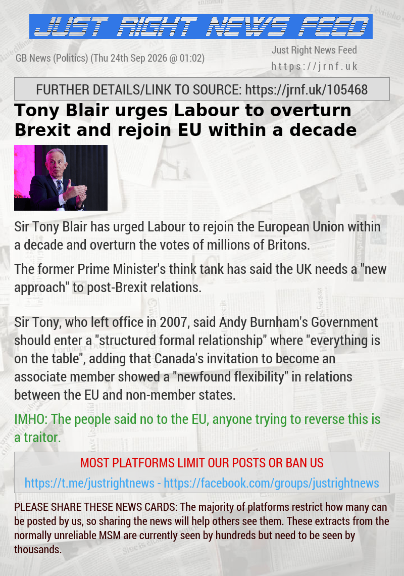 Tony Blair urges Labour to overturn Brexit and rejoin EU within a decade