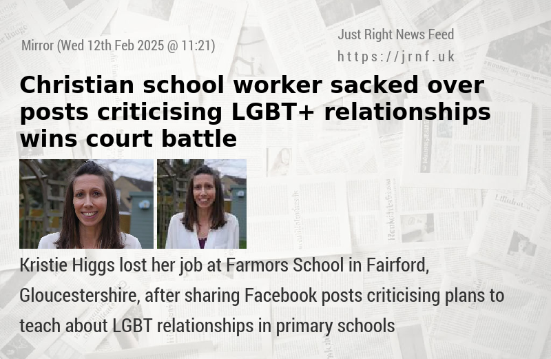 Christian school worker sacked over posts criticising LGBT+ relationships wins court battle