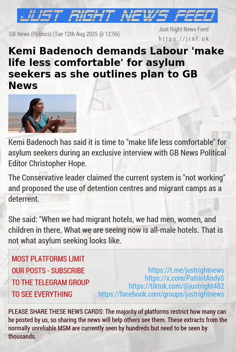 Kemi Badenoch demands Labour ’make life less comfortable’ for asylum seekers as she outlines plan to GB News