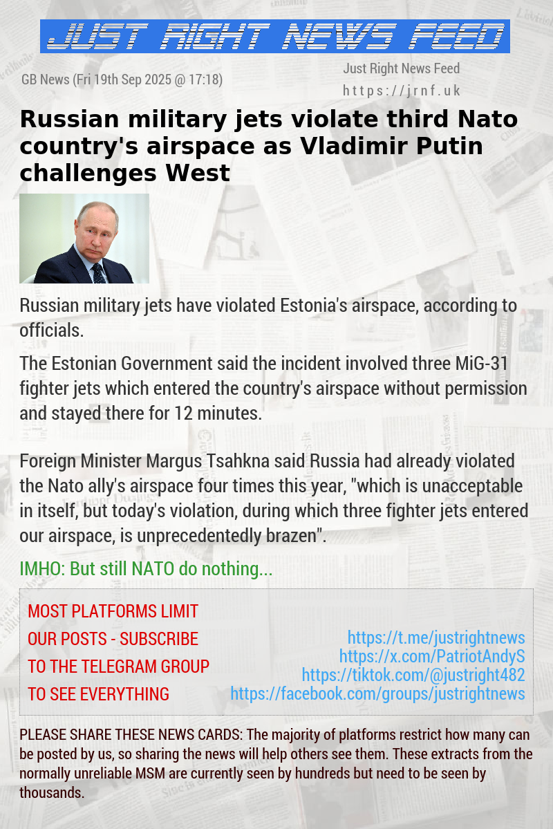Russian military jets violate third Nato country’s airspace as Vladimir Putin challenges West
