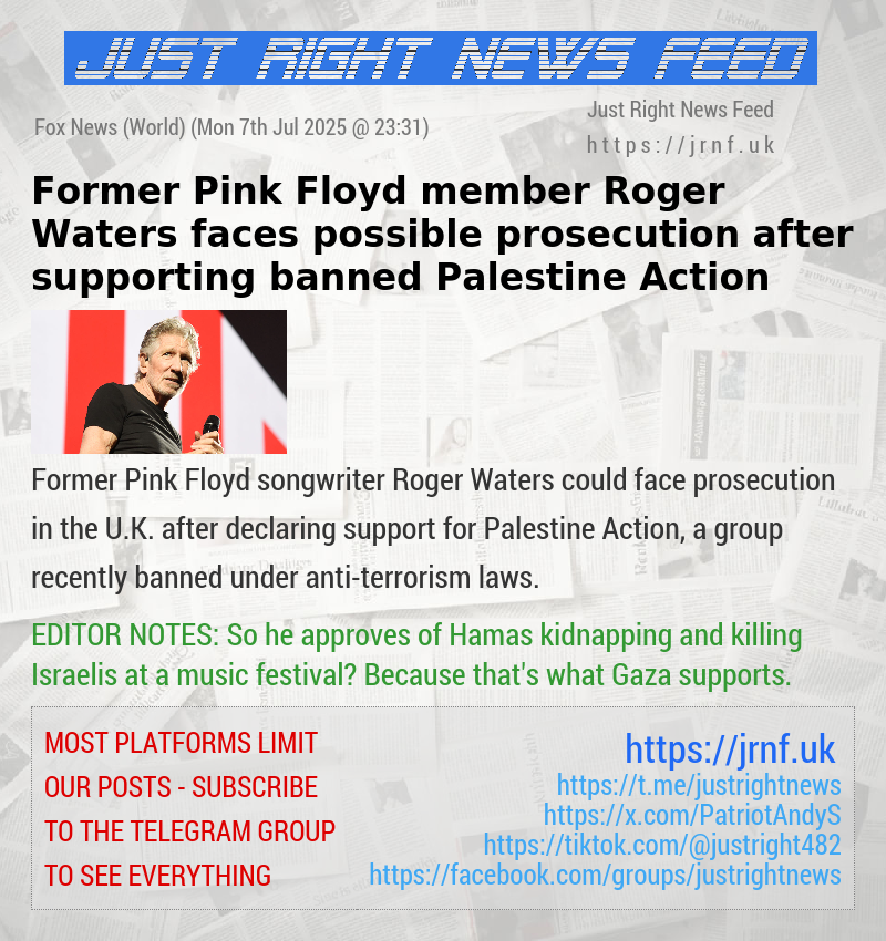 Former Pink Floyd member Roger Waters faces possible prosecution after supporting banned Palestine Action