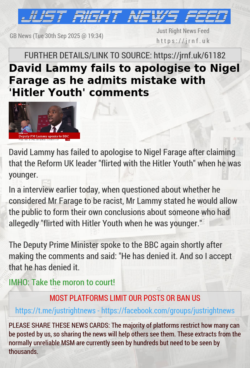 David Lammy fails to apologise to Nigel Farage as he admits mistake with ’Hitler Youth’ comments