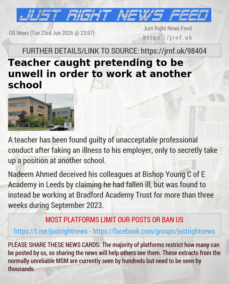 Teacher caught pretending to be unwell in order to work at another school