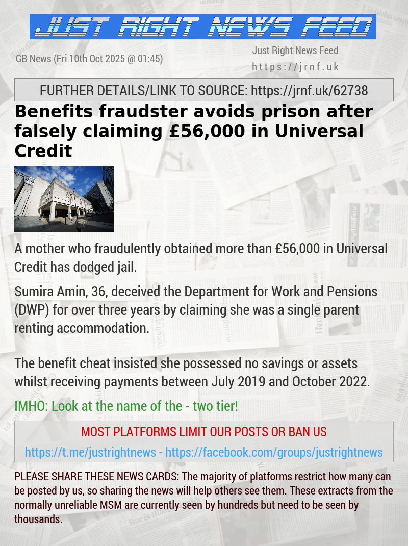 Benefits fraudster avoids prison after falsely claiming £56,000 in Universal Credit