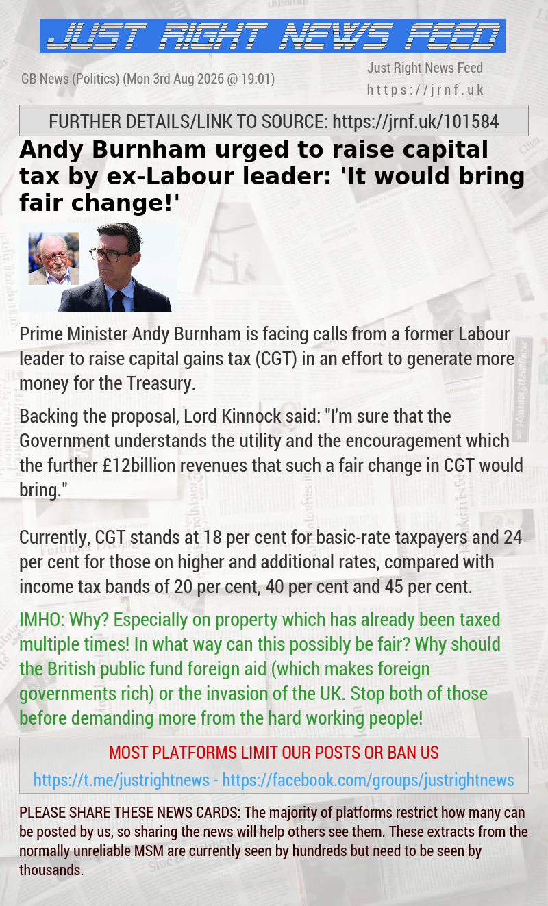 Andy Burnham urged to raise capital tax by ex—Labour leader: ’It would bring fair change!’