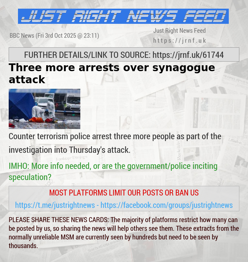 Three more arrests over synagogue attack