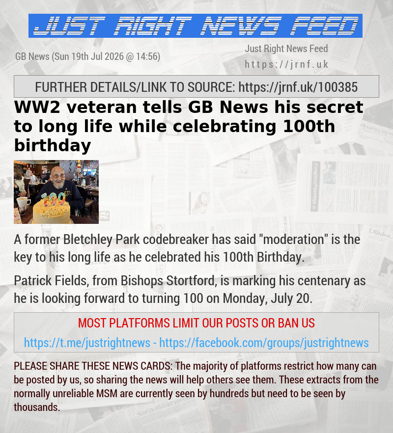 WW2 veteran tells GB News his secret to long life while celebrating 100th birthday