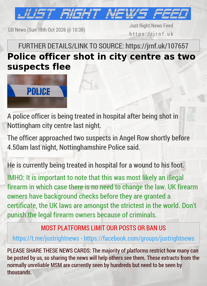 Police officer shot in city centre as two suspects flee
