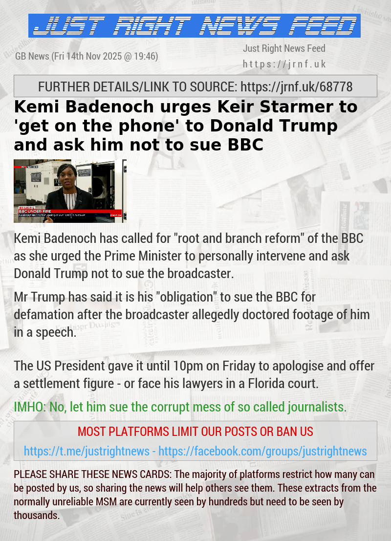 Kemi Badenoch urges Keir Starmer to ’get on the phone’ to Donald Trump and ask him not to sue BBC
