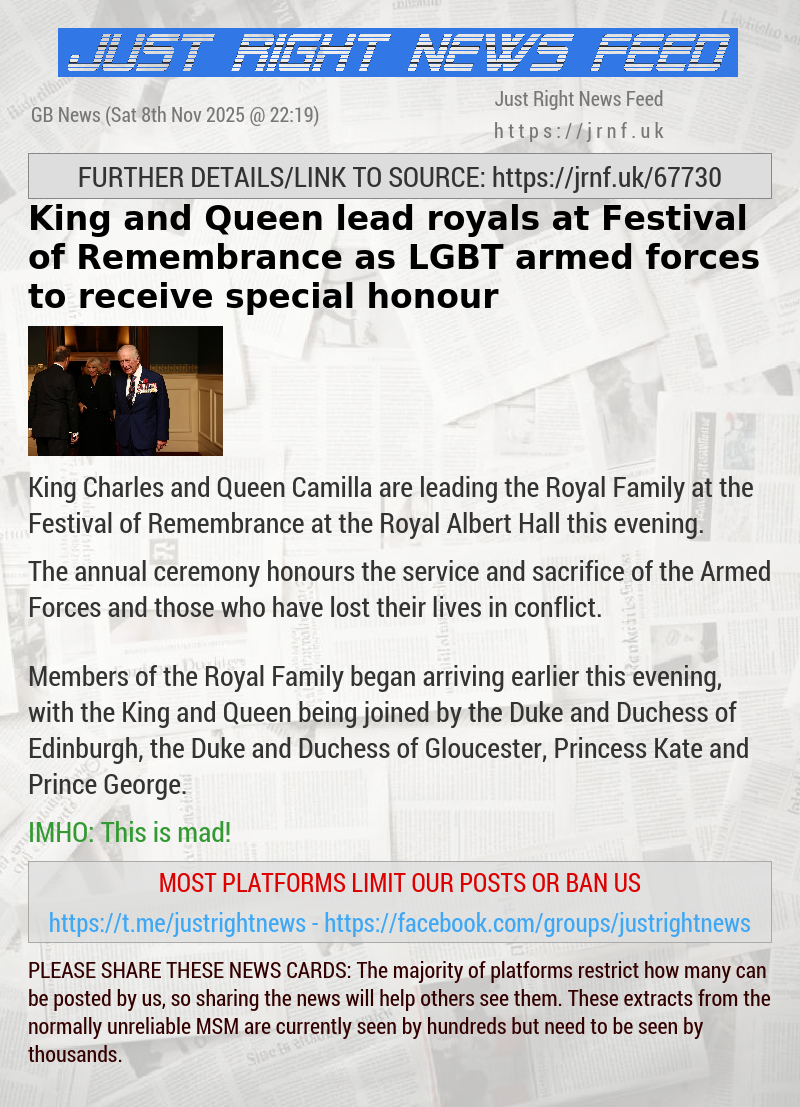 King and Queen lead royals at Festival of Remembrance as LGBT armed forces to receive special honour