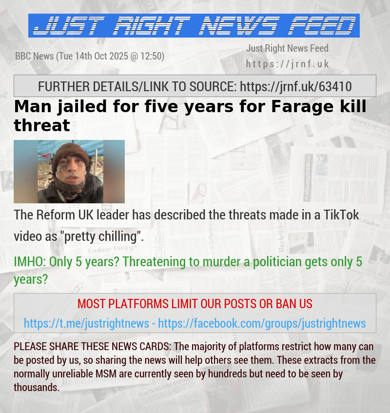 Man jailed for five years for Farage kill threat 