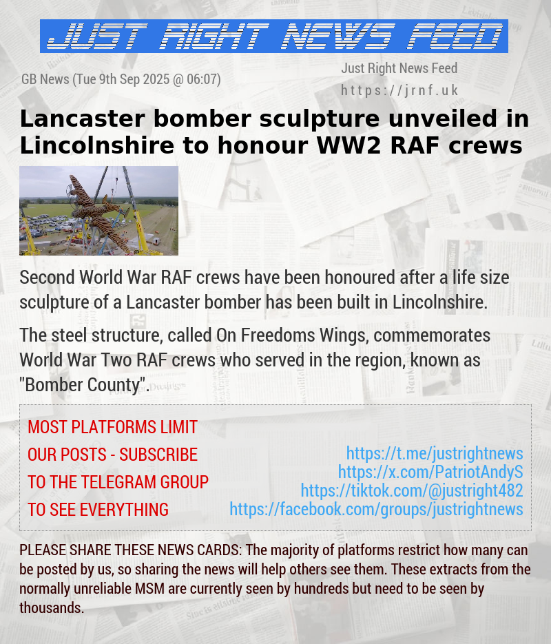 Lancaster bomber sculpture unveiled in Lincolnshire to honour WW2 RAF crews