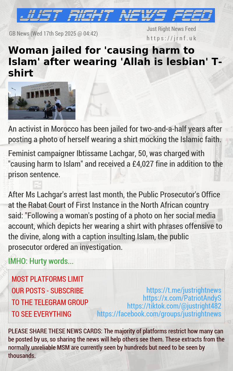 Woman jailed for ’causing harm to Islam’ after wearing ’Allah is lesbian’ T—shirt