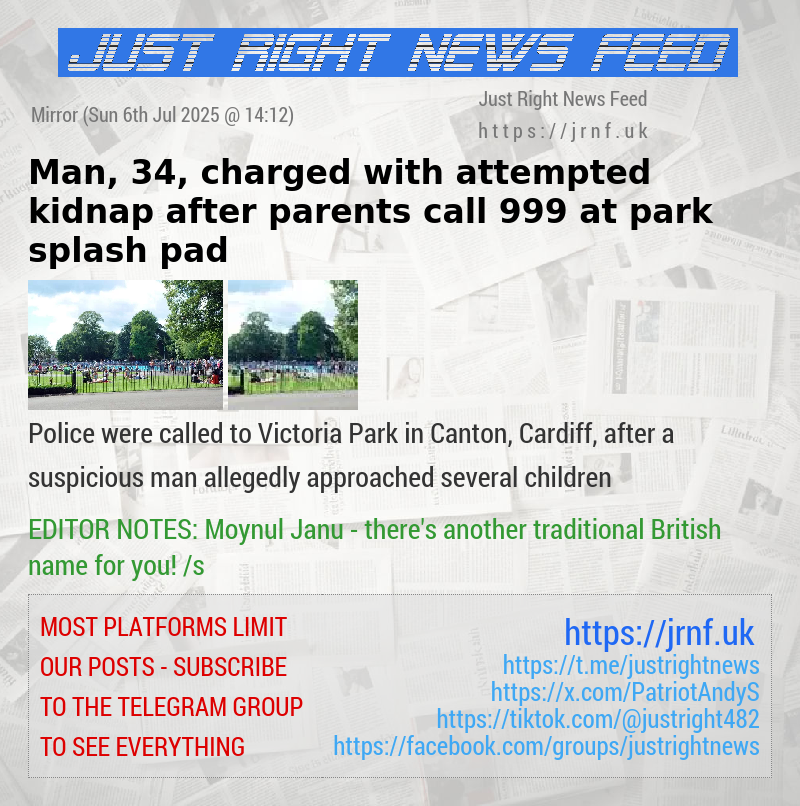 Man, 34, charged with attempted kidnap after parents call 999 at park splash pad
