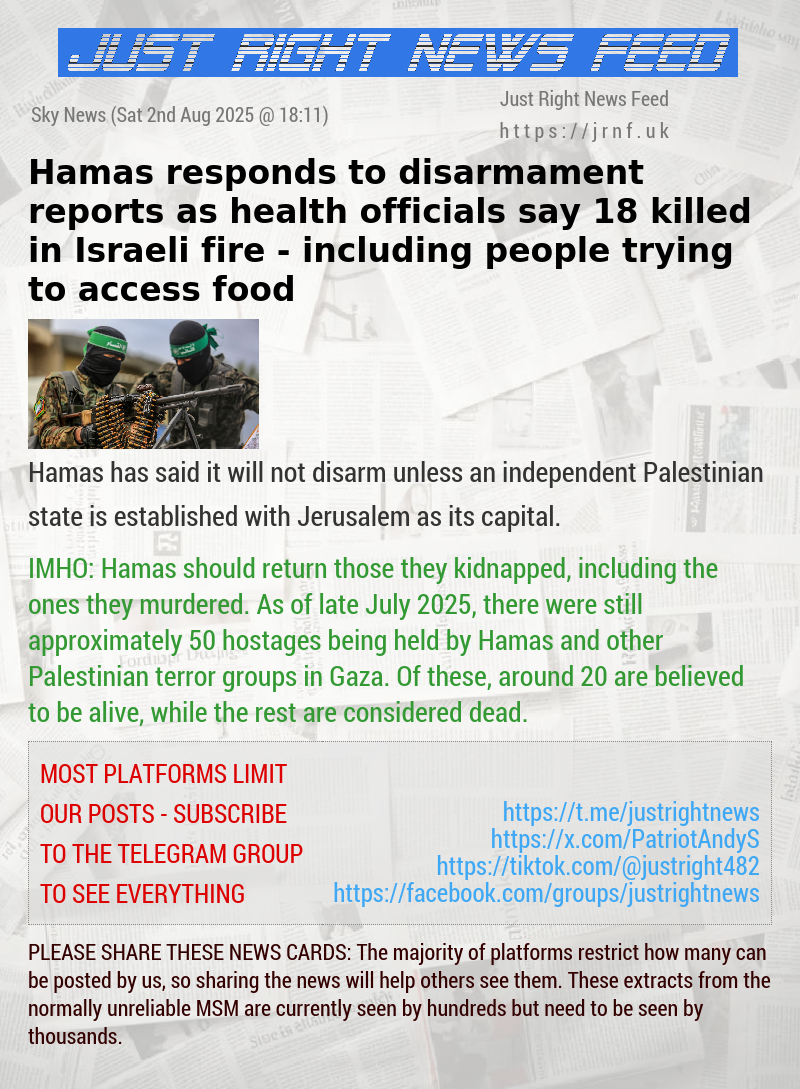 Hamas responds to disarmament reports as health officials say 18 killed in Israeli fire — including people trying to access food