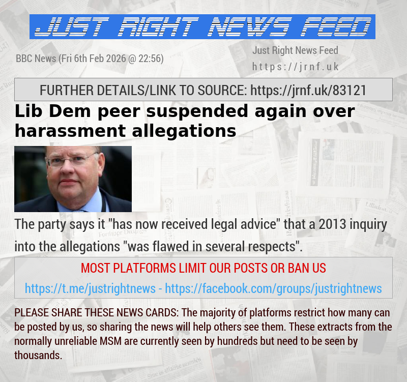 Lib Dem peer suspended again over harassment allegations
