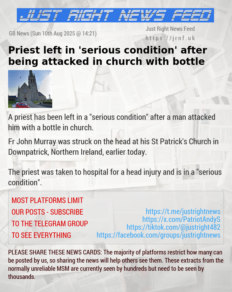 Priest left in ’serious condition’ after being attacked in church with bottle