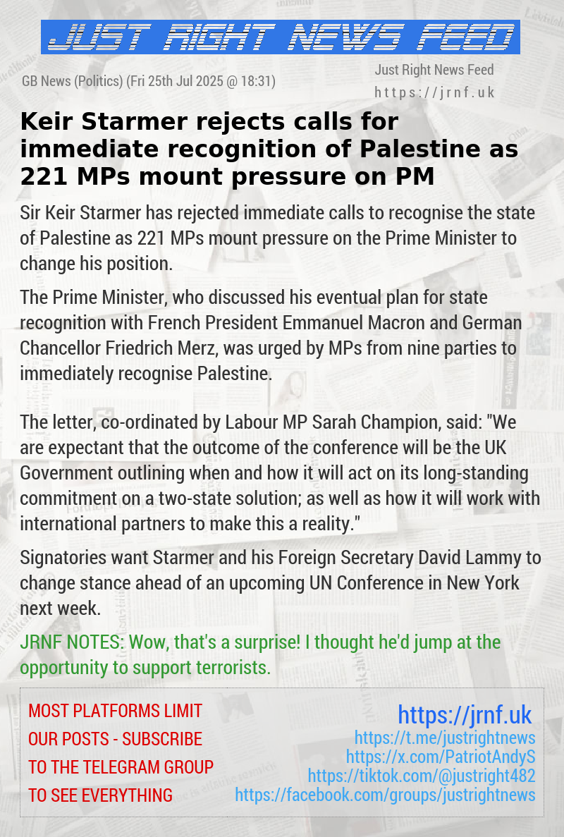 Keir Starmer rejects calls for immediate recognition of Palestine as 221 MPs mount pressure on PM